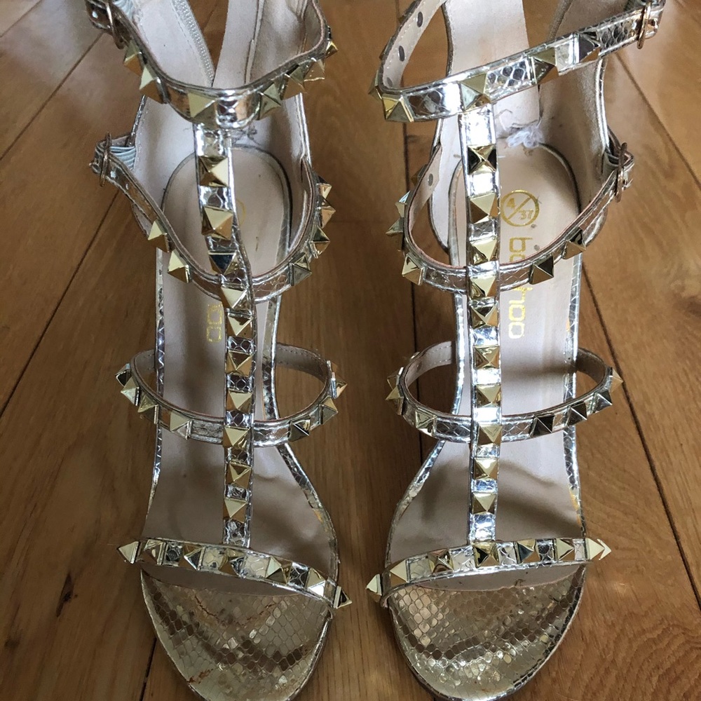 Gold python snake studded strappy heel